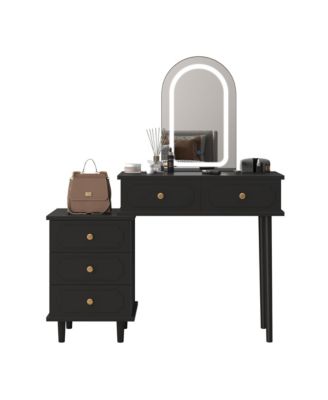 Makeup Vanity Desk with Mirror and Lights, Modern Vanity Table with 2 Drawers and Adjustable 3-Drawer Cabinet, Wood Dressing Table for Bedroom