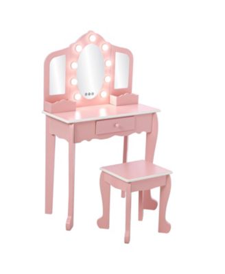 Kids Vanity Set with Lighted Tri Fold Mirror, Wooden Pretend Play Dressing Table with Stool, Storage Drawer & Adjustable LED Modes