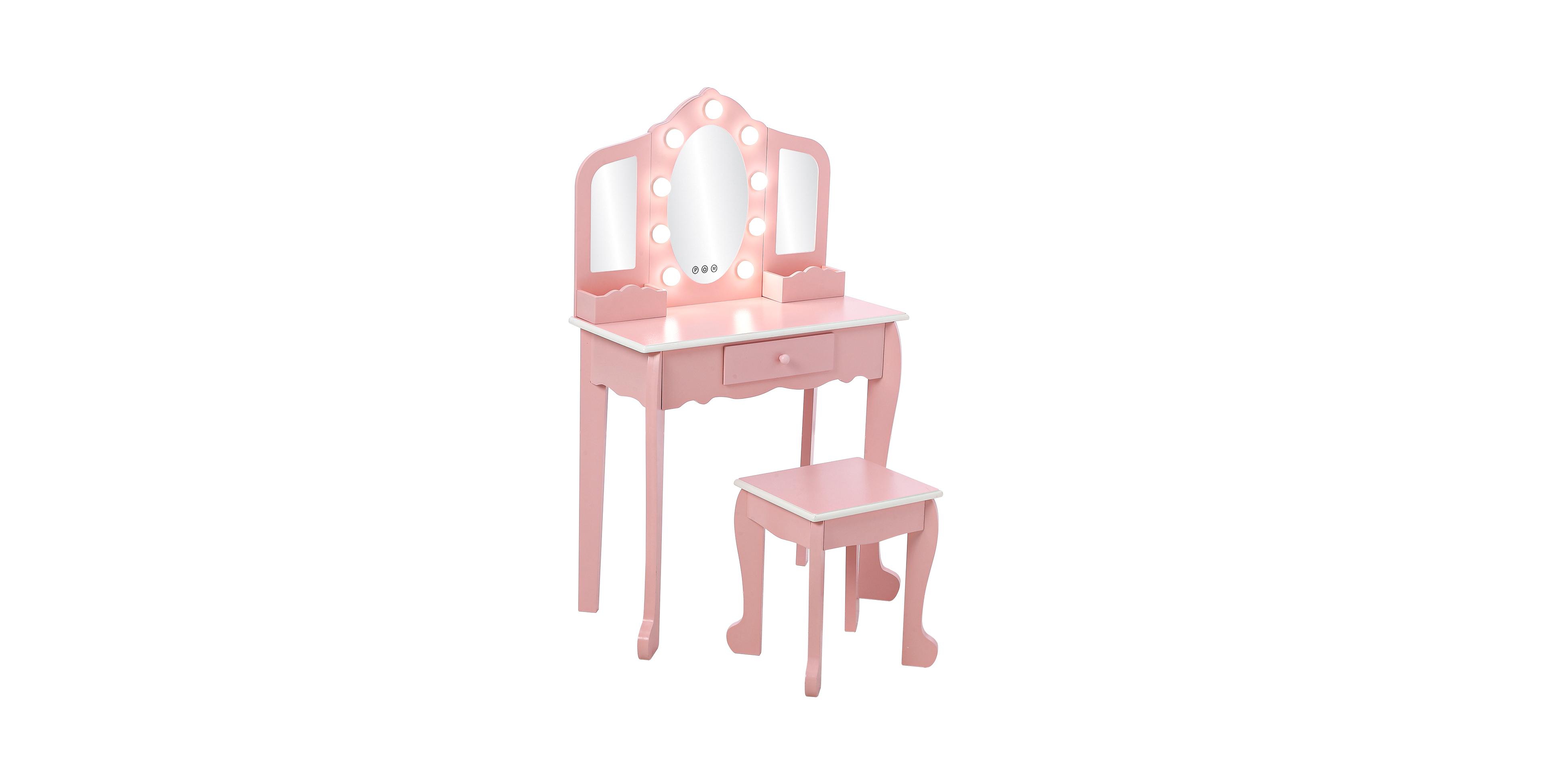 Homfan Kids Vanity Set with Lighted Tri Fold Mirror, Wooden Pretend Play Dressing Table Stool, Storage Drawer & Adjustable Led Modes