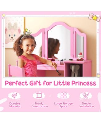Kids Vanity Set with Tri-Folding Acrylic Mirror, 4 Storage Cubbies and High-Back Chair