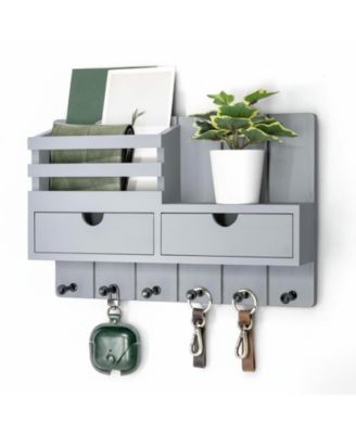 Wall Mounted Key Holder with 2 Drawers 6 Hooks Shelf Mail Organizer Decor