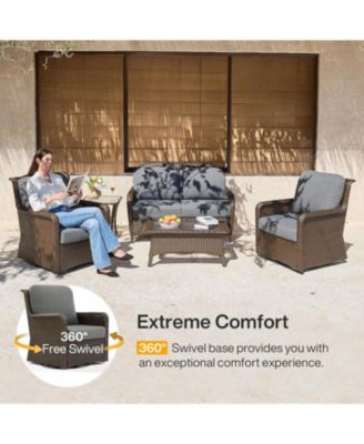 5-Piece Outdoor Wicker Patio Furniture Set with 2 Swivel Chairs, 1 Loveseat and 2 Tables, Rattan Conversation Set with Cushions