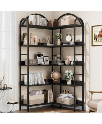 5-Tier l-Shaped Corner Bookshelf, Modern Industrial Bookcase with Arched Metal Frame, Open Wood-Metal Storage Shelves