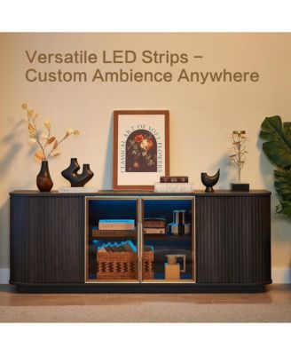 64-Inch Wavy TV Cabinet - Wooden Vertical Stripe Storage Cabinet with Glass Doors and LED Lights, Modern Fluted TV Stand for Living Room