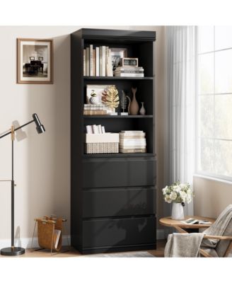 Industrial Tall Bookcase with Doors and Drawers, 5-Tier Wooden Bookshelf, Metal Frame Storage Rack