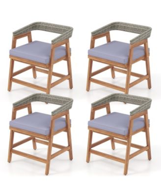 Set of 4 Acacia Wood Wicker Outdoor Dining Chairs with Seat Cushions