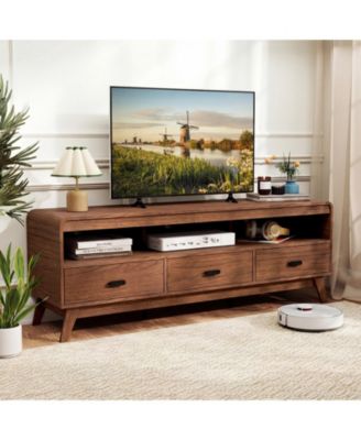 Mid-Century 59.5-Inch TV Stand with Three Drawers and Open Shelves