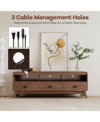 Mid-Century 59.5-Inch TV Stand with Three Drawers and Open Shelves