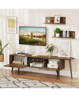 75 in Mid-Century TV Stand with Floating Shelves and Flip Cabinets