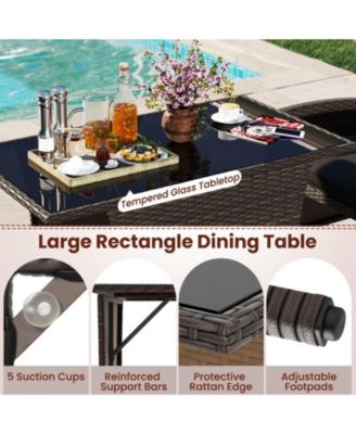 3-Piece Patio Wicker Dining Set with Tempered Glass Table and Cushioned Chairs