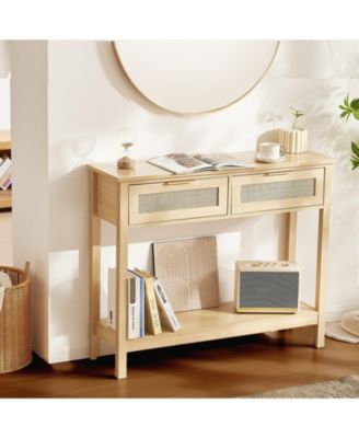 Rattan Console Table with 2 Drawers and Sliding Door