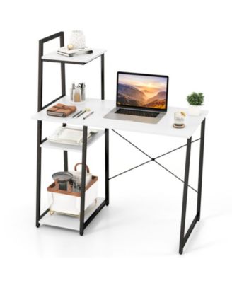 Computer Desk with 3-Tier Side Bookshelf, Anti-Fall Guard Rail and Adjustable Foot Pads
