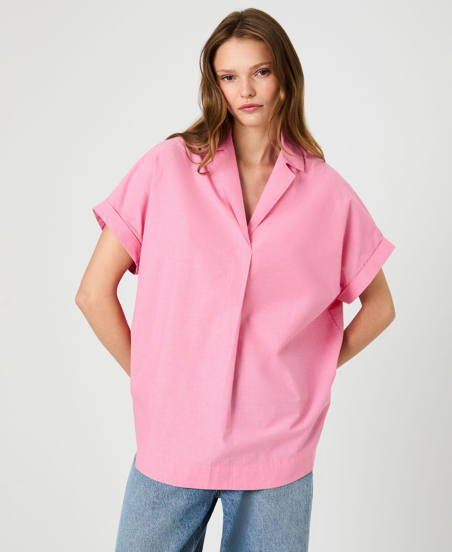 Women's Rhodes Poplin Ticking Striped Popover V-Neck Shirt
