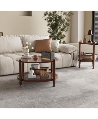 Round Coffee Table, 2-Tier Rustic Wood Center Table with Boho Woven Rattan Storage Shelf for Living Room