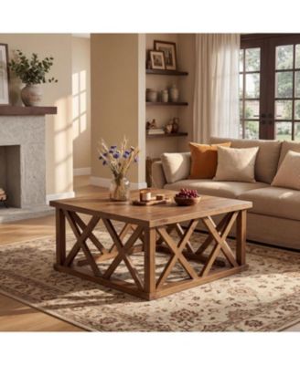 39.37'' Solid Wood Coffee Table with Reinforced X-Frame, Farmhouse Square Coffee Table