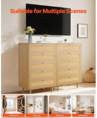 5 Drawer Rattan Dresser, Modern Closet Chest with Metal Handles, Wood Legs