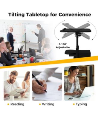 Mobile Standing Desk Cart with Adjustable Tilt Desktop, Cabinet and Open Shelves