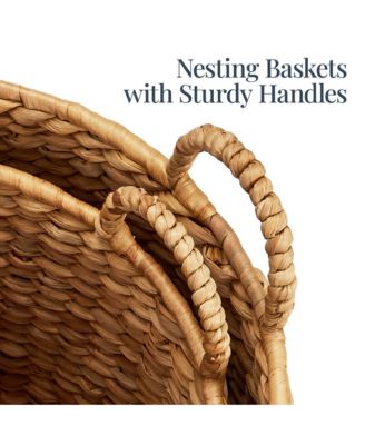 2-Piece Round Nesting Baskets Handles, Handwoven Water Hyacinth, Storage Organizer