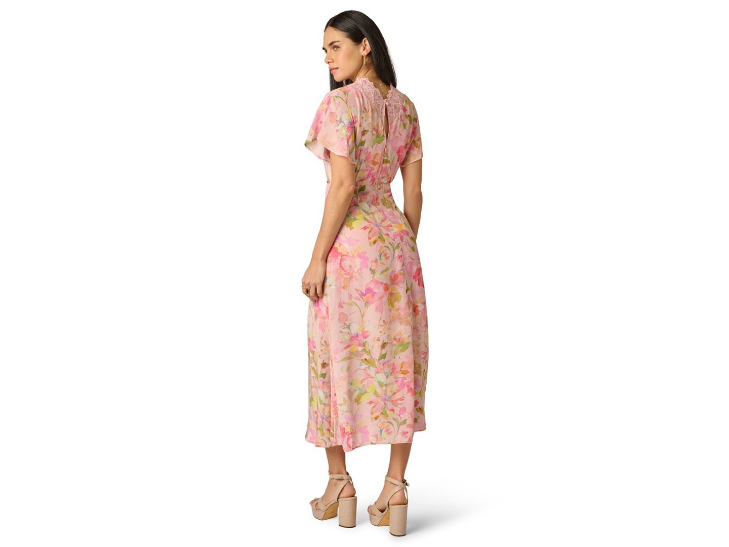 Женское платье Adrianna Printed V-Neck Lace Trimming Satin, цвет: Розовый разноцветный — фото 3