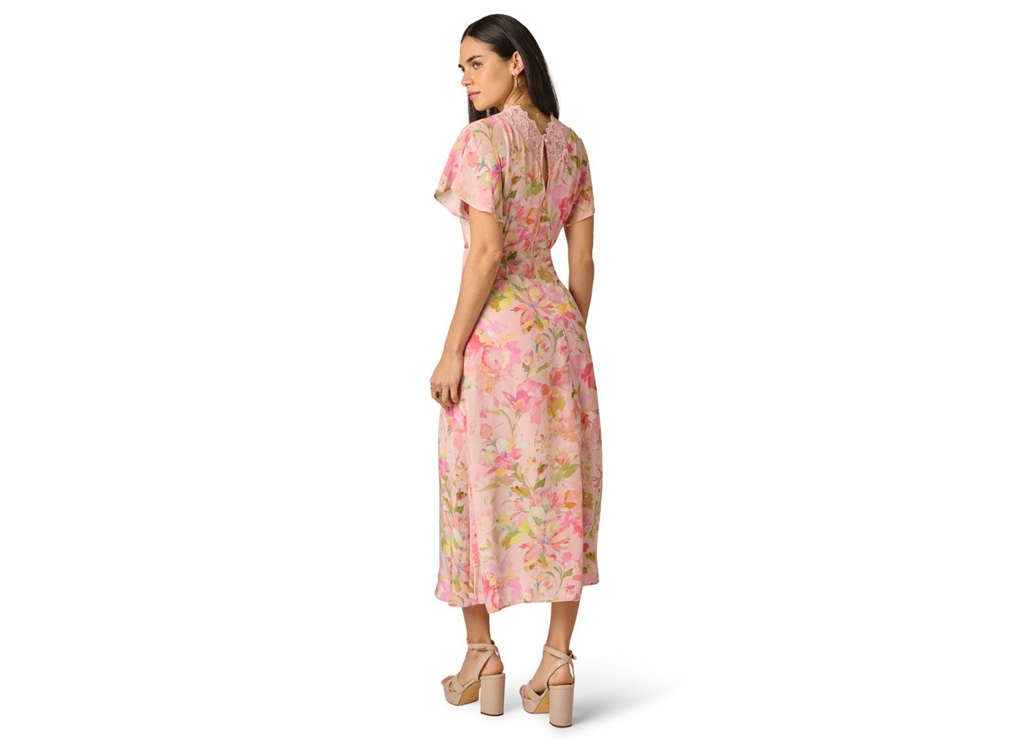Women's Printed V-Neck Lace Trimming Satin Dress