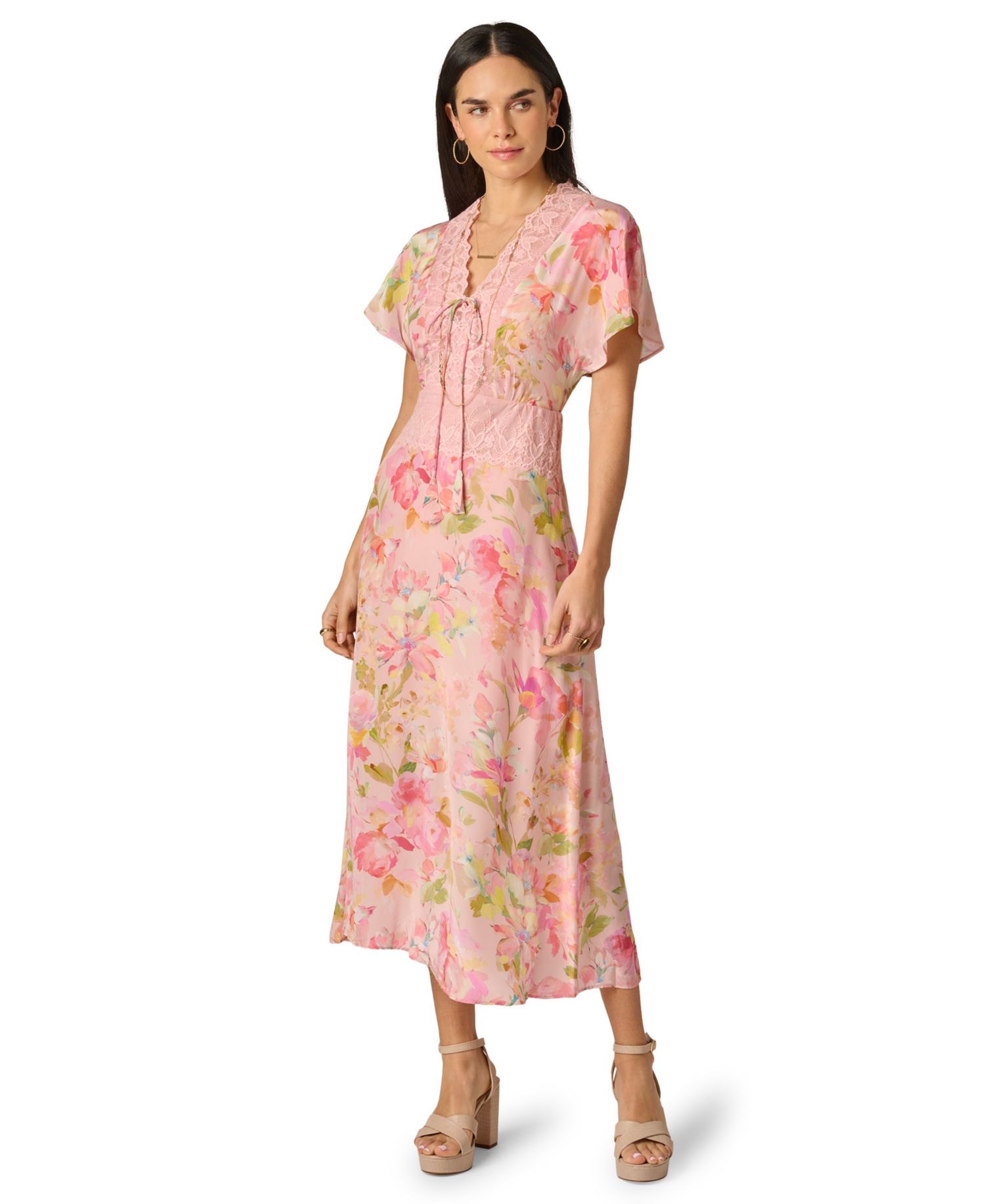 Women's Printed V-Neck Lace Trimming Satin Dress