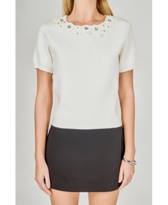 Women's Floral Detail Short Sleeve Sweater