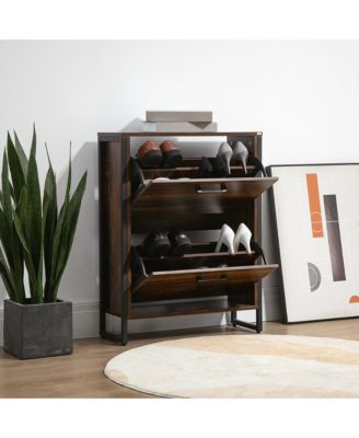 Rustic 2 Flip Door Shoe Cabinet with Divider and Open Shelf
