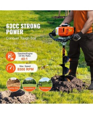 Post Hole Digger, 63CC Gas Powered Auger with 8" Drill Bits and Extension Rod