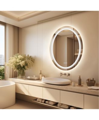 Oval LED Bathroom Mirror 28"x20" Wall Mounted Makeup Mirror Dimmable, Memory, 3 Colors (Front Lights + Backlit)