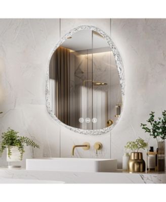 28"x20" Irregular Stone Pattern Frosted LED Bathroom Vanity Mirror for Wall with Backlit Anti Fog, 3 Colors and Dimmable Light