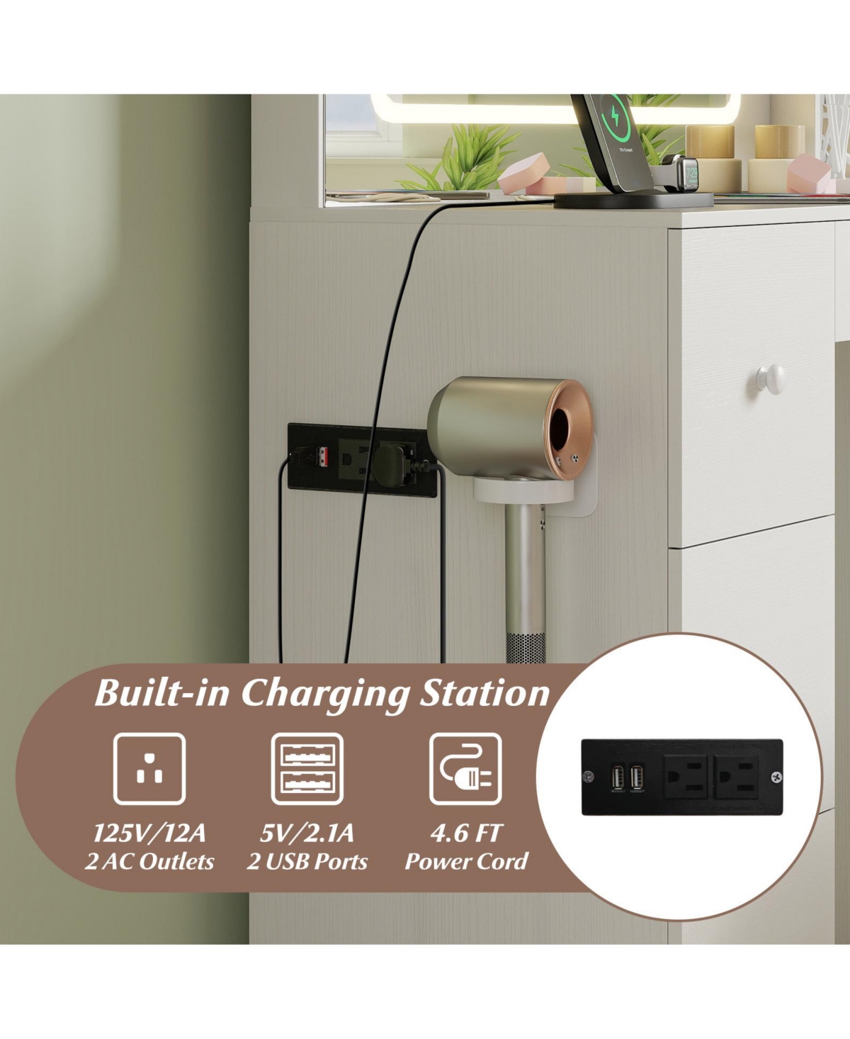 Sugift Vanity Desk with Mirror and Lights Makeup Dressing Table Vanity Table and Stool Set