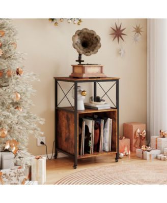 Mobile Record Player Stand with Power Outlet with Open Shelf and Dividers
