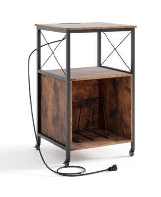 Mobile Record Player Stand with Power Outlet with Open Shelf and Dividers