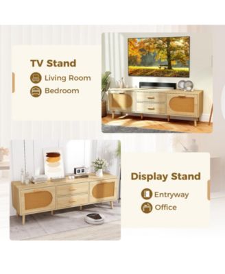 Rattan TV Stand for 65-Inch TV with Drawers and Solid Wood Legs