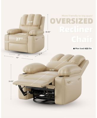 Manual Recliner Chair for Adults, PU Leather Recliner with Cup Holders and Side Pockets, Ergonomic Design for Nursery, Living Room