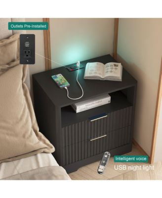 Functional Bedside Cabinet - 2 Drawers, Open Storage Shelf, Integrated Charging Station and Ambient Night Light for Home Decor