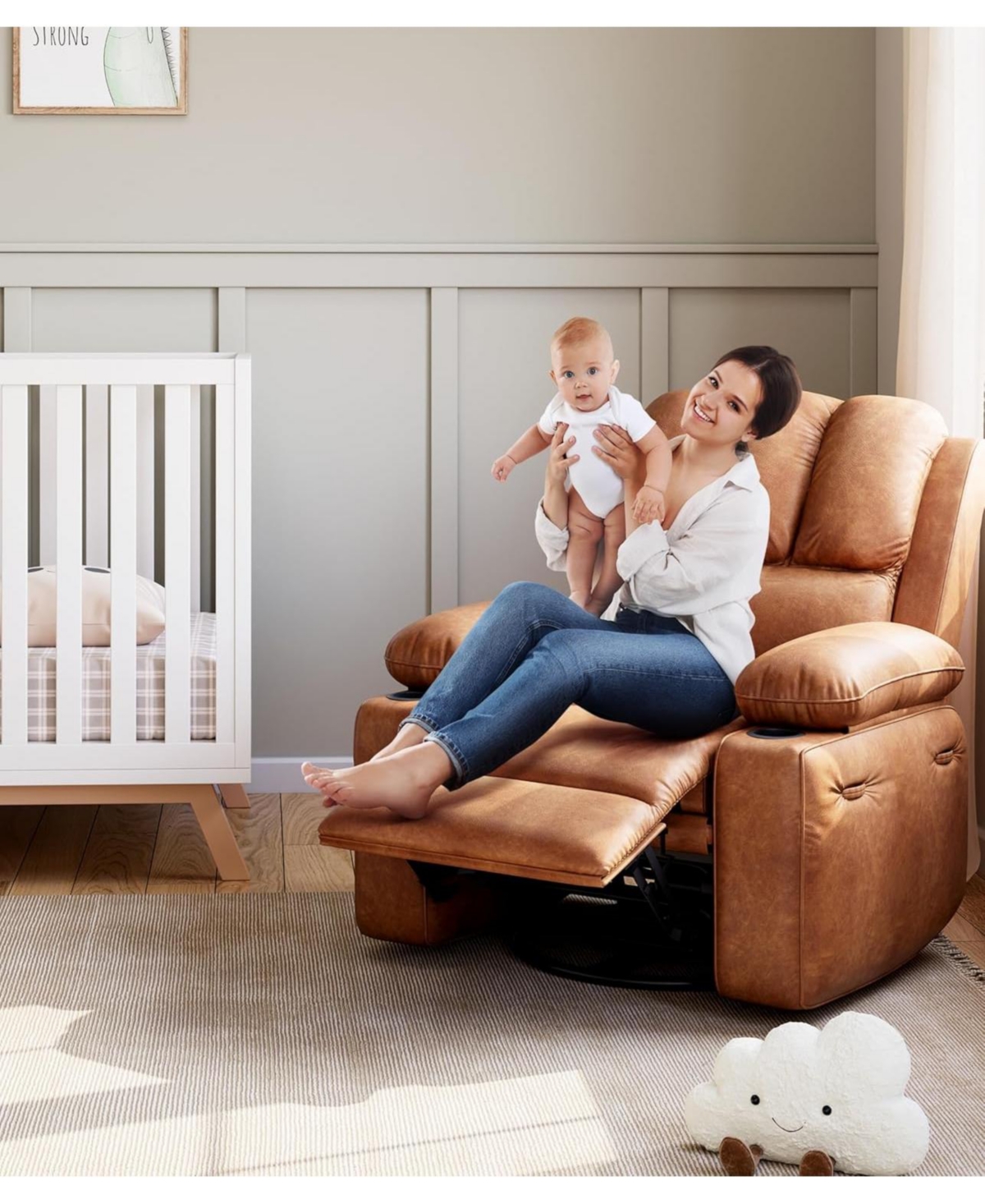 gaomon 22" Rocker Recliner Chair, Lazy Boy Recliner Chair with 1.5X Sponge Filling, Pu Leather Swivel Recliner with Side Pockets and Cup Holders