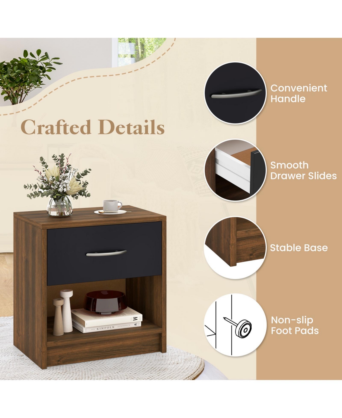 Sugift Bedside Table Nightstand with Drawer and Open Storage Shelf