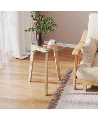 Tempered Glass End Table Round with Solid Rubber Wood Structure-1 Piece