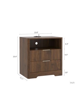 2-Drawer Bedside Nightstand with Built-in Charging Station, LED Night Light and Open Storage Shelf for Bedroom and Living Room