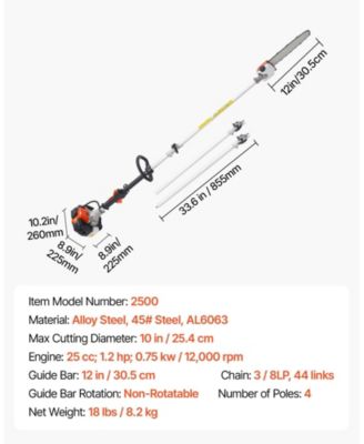 Gas Pole Saw, 25CC, 12" Cutting Bar, Extendable for Tree Trimming, Pruning