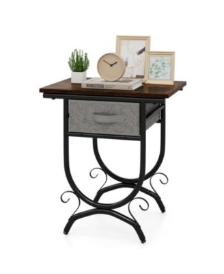 Side Table with Fabric Drawer and Carved Metal Frame for Living Room
