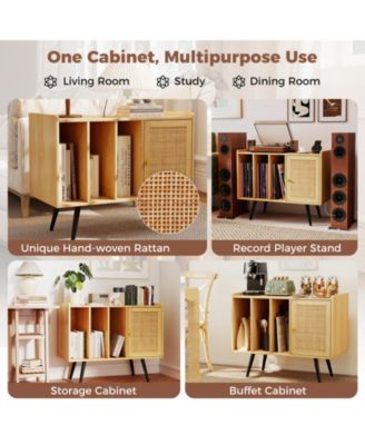 Record Player Stand with Charging Station and Rattan Cabinet for Living Room