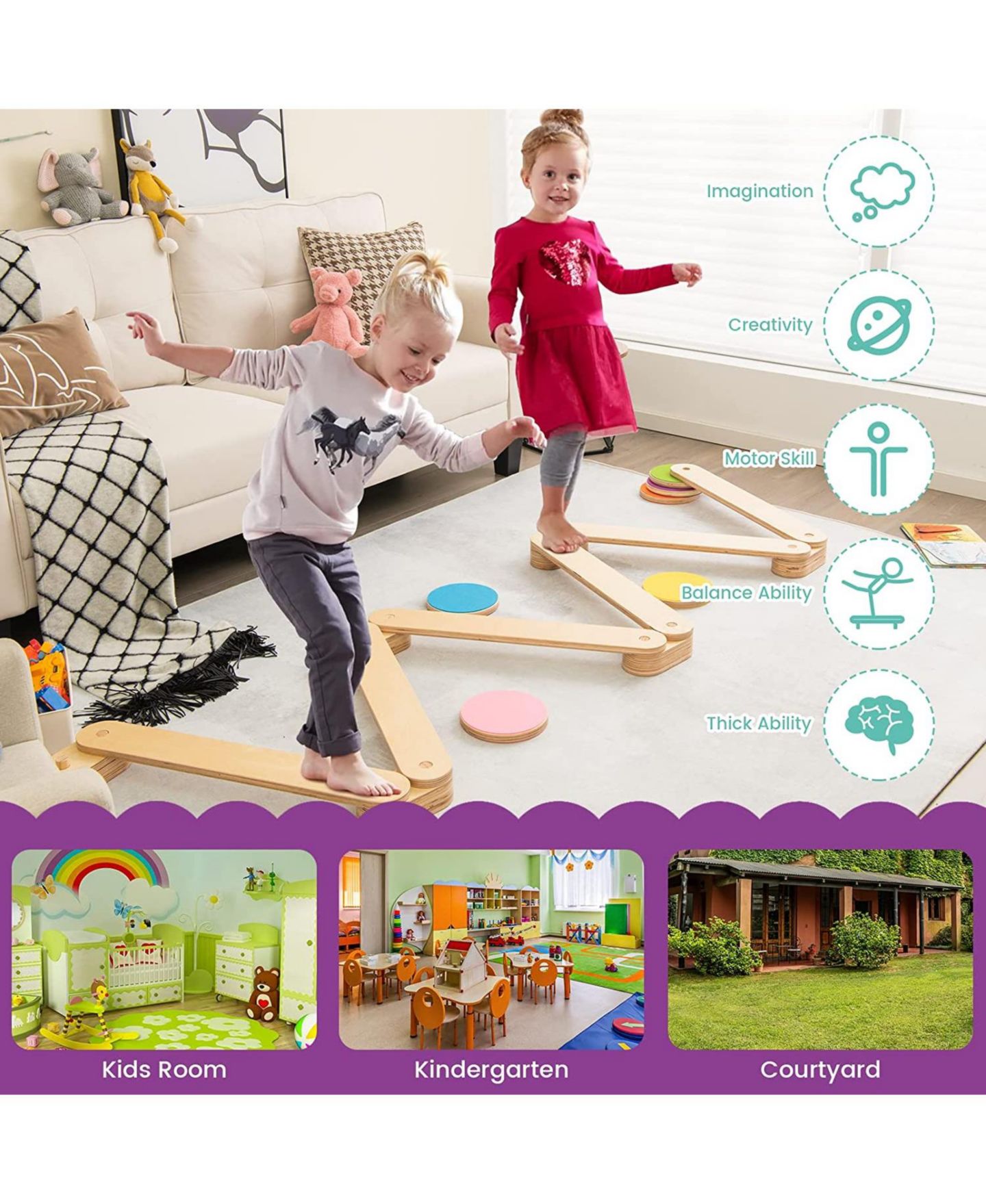 Детские игрушки Slickblue 12-Piece Wooden Colorful Balance Beam with Stepping Stones, Ages 3+, цвет: Светлый коричневый — фото 7