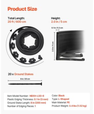 Landscape Edging, 20 ft x 2 in, Flexible Garden Border with 120 Spikes, UV-Resistant