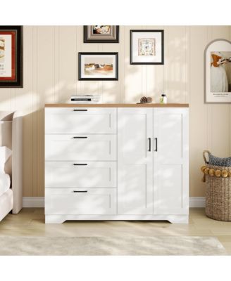 Bedroom Armoire Wardrobe Closet with 4 Drawers and 2 Doors, Wooden Storage Cabinet with Hanging Rod.