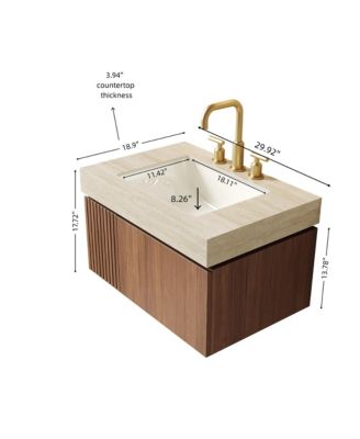 30 Inch Floating Bathroom Vanity with Sink Plywood Cabinet Roma Travertine Stone Top Ceramic Basin 3 Pre Drilled Holes Brown Oak