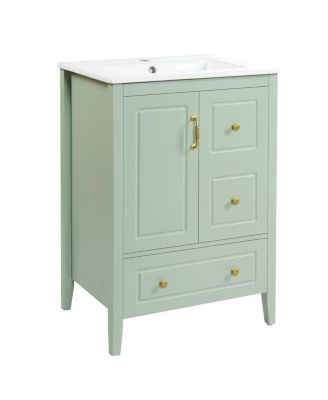 24" Light Green Bathroom Vanity with Ceramic Sink, Freestanding Retro MDF Cabinet, Soft-Close Drawers, Ample Storage for Small Spaces