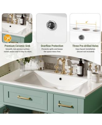 30 Inch Modern Bathroom Vanity with Ceramic Sink, Solid Wood MDF Freestanding Cabinet, Soft Close Drawers for Small Spaces