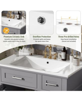 30 Inch Modern Bathroom Vanity with Ceramic Sink, Solid Wood MDF Freestanding Cabinet, Soft Close Drawers for Small Spaces